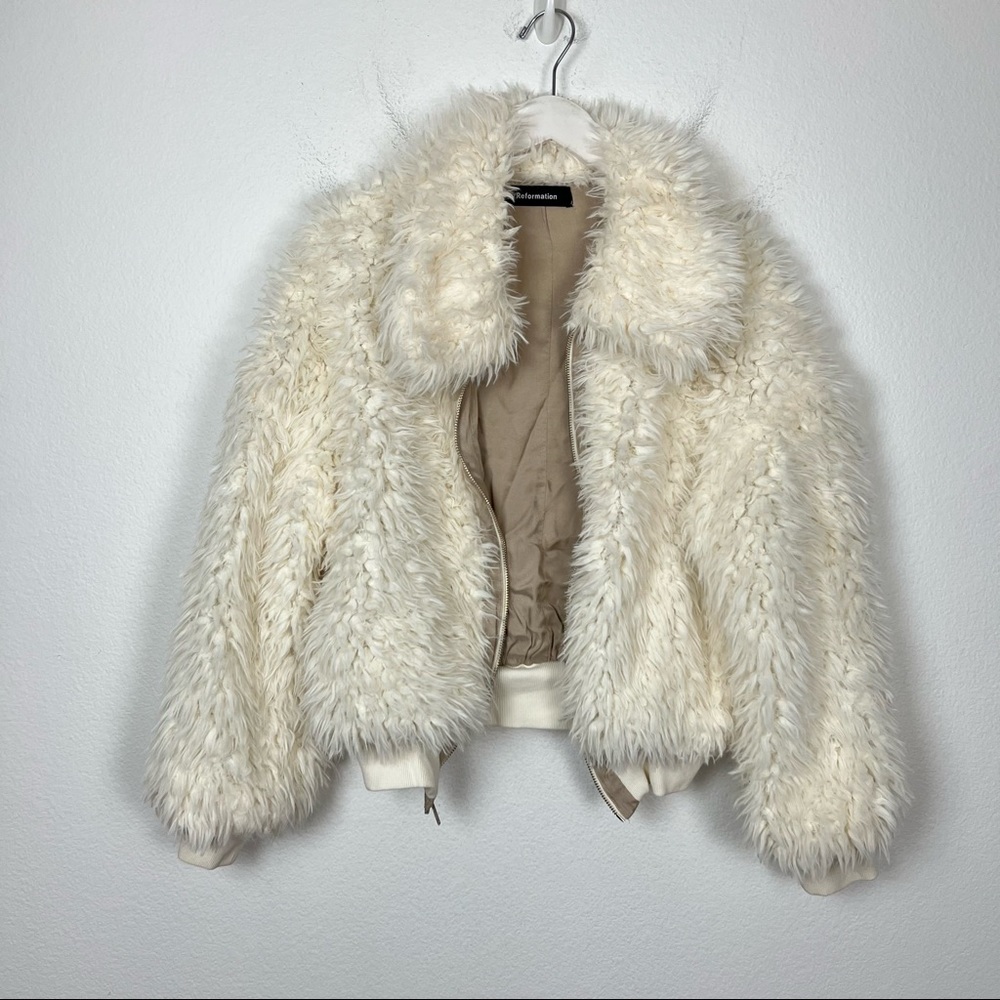 Reformation Freddie Faux Fur Jacket Cream Cozy Zip Up Coat Size Large